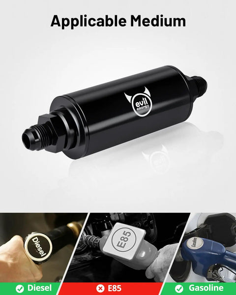 Inline Fuel Filter 100 Micron With 6AN 8AN 10AN Adapters And Bracket Clamp 50mm Universal Fit For Cars Trucks And More Make Your Ride Clean Aluminum Alloy Body With Stainless Steel Filter Element next to applicable fuel types diesel, E85, gasoline.