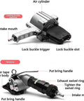 19mm Pneumatic Steel Strapping Machine Split Banding Tool showing air cylinder, lock buckle features, and tensioner details.