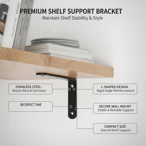 Rugged Stainless Steel L Shaped Shelf Bracket 4.5 x 2.5 Inch Wall Mount with black finish under wooden shelf with books