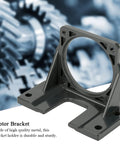 Front view of black metal motor mounting bracket with circular shaft opening and base mounting holes.