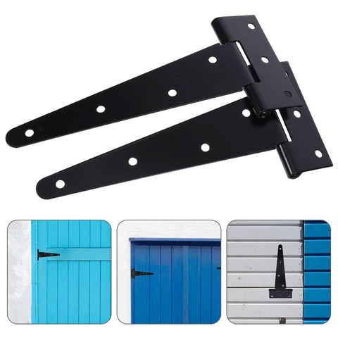 Heavy Duty Extended T Shape Gate Hinges With Slotted Bearing Design for easy installation, 8 inch black iron for wood shed doors