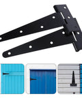 Heavy Duty Iron Door Hinge With Extended T Shape Design And Slotted Bearing in black mounted on blue doors