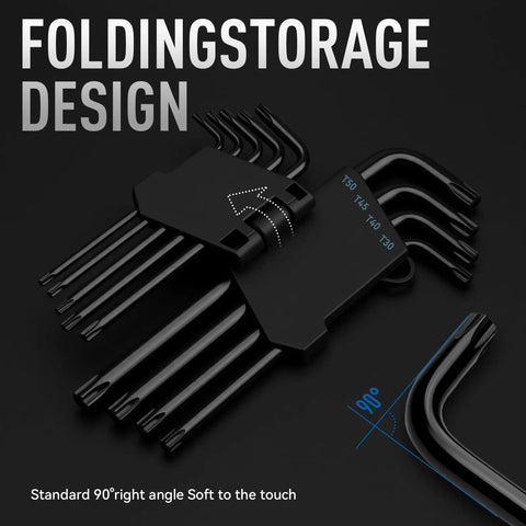 Beefy Pro Grade 9 Piece Torx Star Allen Wrench Set with Long Arm Keys T10 to T50 in folding storage design, black oxide finish