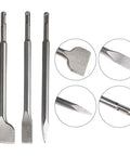 Six Piece SDS Plus Chisel Set For Rotary Hammer Built Tough With 40Cr Steel Beastly Durable Concrete Tile Brick Masonry Removal Kit Including Point Chisel 20mm Flat Chisel 40mm Flat Chisel, showing three chisels with detail shots.