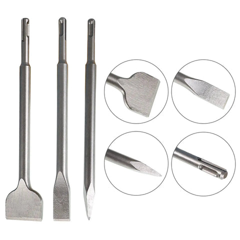 Six Piece SDS Plus Chisel Set For Rotary Hammer Built Tough With 40Cr Steel Beastly Durable Concrete Tile Brick Masonry Removal Kit Including Point Chisel 20mm Flat Chisel 40mm Flat Chisel, showing three chisels with detail shots.