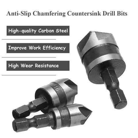 3-Piece Countersink Chamfer Drill Bit Set With 5-Flute 90 Degree Bits, One Quarter Inch Hex Shank, Includes 12mm 16mm 19mm Sizes