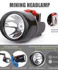 Close-up of a Rechargeable LED Mining Headlamp For Hard Hats Waterproof And Explosion Proof Safety Cap Light with beam settings.