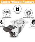 Low Profile Caster Wheels Set Of Four Heavy Duty Swivel Casters With Two Locking Brakes And Quiet Rubber Treads For Smooth As Butter Furniture Glide Plus Zero Sweat Heavy Hauling showing 360-degree rotating features and lock.