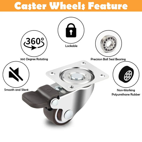 Low Profile Caster Wheels Set Of Four Heavy Duty Swivel Casters With Two Locking Brakes And Quiet Rubber Treads For Smooth As Butter Furniture Glide Plus Zero Sweat Heavy Hauling showing 360-degree rotating features and lock.
