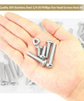 58 Piece Stainless Steel 1/4-20 Phillips Pan Head Machine Screws And Matching Hex Nuts Set With 1/2 Inch, 3/4 Inch, 1 Inch, 1-1/4 Inch, 1-1/2 Inch Lengths Fully Threaded 304 Grade For DIY Projects And Home Repairs assortment displayed in a hand