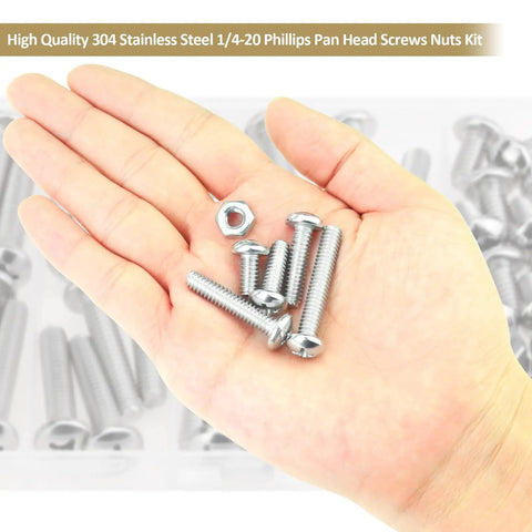 58 Piece Stainless Steel 1/4-20 Phillips Pan Head Machine Screws And Matching Hex Nuts Set With 1/2 Inch, 3/4 Inch, 1 Inch, 1-1/4 Inch, 1-1/2 Inch Lengths Fully Threaded 304 Grade For DIY Projects And Home Repairs assortment displayed in a hand