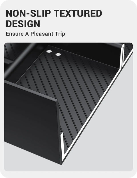 Close-up of non-slip textured Tesla Model Y And Model 3 Center Console Organizer Tray Kit with cup holder for 2024-2026.