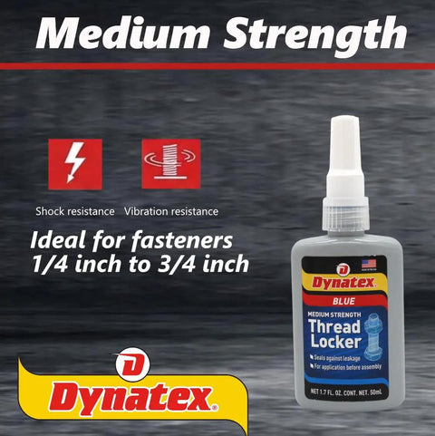 Blue Medium Strength Threadlocker Kit 1.69 Oz Bottle on gray background, ideal for fasteners, showing shock and vibration resistance.