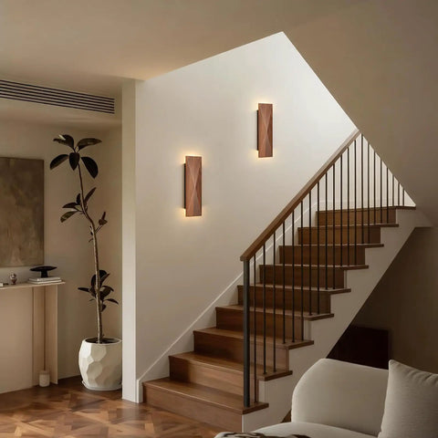 Feasey Set of 2 Walnut Wood Wall Sconce, Vintage Wall Mounted Light Fixture illuminating a stairwell with warm light.