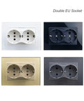 Sleek Dual European Wall Socket Featuring Heavy Duty Tempered Glass Panel And Built In Child Safety Shutters Slick Gold Plate and additional colors.