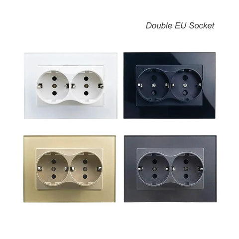 Sleek Dual European Wall Socket Featuring Heavy Duty Tempered Glass Panel And Built In Child Safety Shutters Slick Gold Plate and additional colors.
