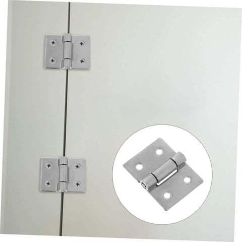 Two silver metal barn door hinges mounted on white cabinet doors; inset shows a close-up of the hinge with four screw holes.