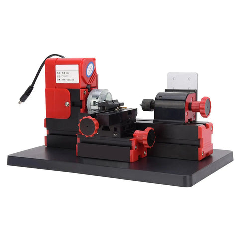 Aolidsive Mini Motorized Lathe Machine With High Speed Steel Turning Tool 20k Rpm For wood plastic and soft metals compact 20mm x 135mm lathe on a black base.