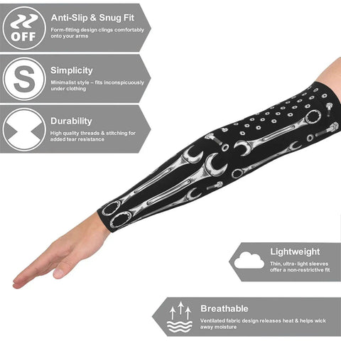 American Flag Stretch Arm Sleeves With Soft Fit Material For Ace Sun Protection UV Blocking Stay Cool And Look Fly Perfect For Road Workouts And Weekend Rides in black with wrench design, lightweight and breathable.
