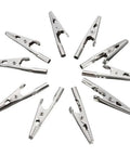 Stainless Steel 51mm Crocodile Clips 10 Pack With Screw Probe Fix Alligator Test Clips For Battery Terminals Stereo Wiring And DIY Electronics Projects displayed in circular arrangement