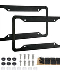 Top Notch Black License Plate Frames Two Pack With Hardcore Stainless Steel Construction And Rock Solid Rattle Free Fit Plus Full Mounting Kit For Street Ready Rides, showing two matte black frames and installation hardware.