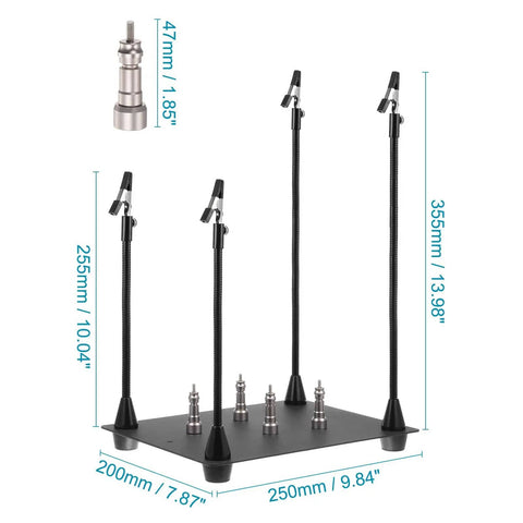 Soldering Helper With Four Magnetic Arms, 3X Magnifier Lamp And LED Light showing dimensions, clamp base tool for precise work.