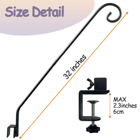 Rock Solid Heavy Duty Deck Rail Hook With 32 Inch Pole Hangs Planters Bird Feeders Lanterns And Wind Chimes Up To 15 Lbs No Sweat Install dimensions with clamp detail.
