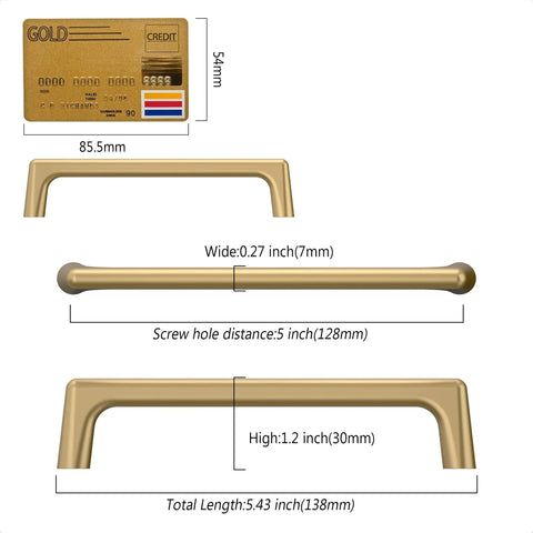 Champagne Bronze Cabinet Pulls 10 Pack 5 Inch Center To Center 128mm dimensions and size comparison with credit card.