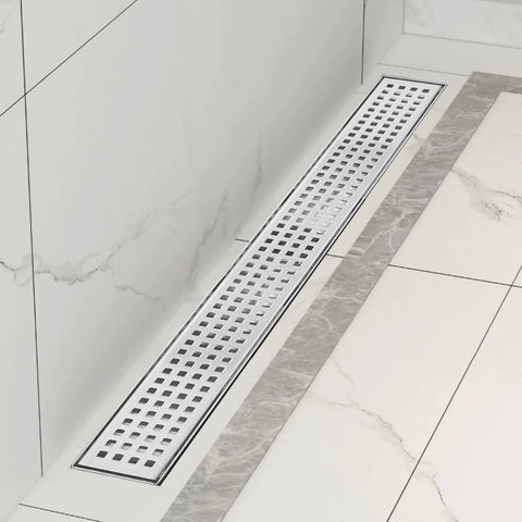 24 Inch Linear Shower Drain With Removable Grate Cover, AISI 304 Stainless Steel, installed in modern tiled shower floor