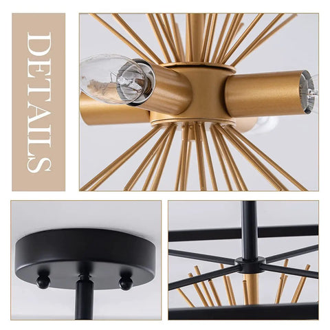Details of Gold Flush Mount Ceiling Light, Modern Brass Sputnik Starburst Fixture, Small 12.6 In, close-up view.