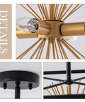 Detailed view of Gold Sputnik Ceiling Light Fixture Three Light Flush Mount For Hallway Entryway Dining Room And Closet Modern Mid Century Style Must Have Luxe Finish With UL Certified Safe Operation And Easy Install.