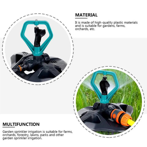 Two Pack Automatic Lawn Sprinklers For Garden Irrigation System showing setup steps and multi-functional usage outdoors.