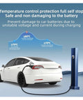 Sleek Portable Ev Charger With Type 2 Connector And EU Plug Brings Smooth Plug And Play 16a 3kilowatt Charging For Electric Vehicles Includes 5 Meter Cable Digital Display And Smart Temp Leakage Protection For No Sweat Drives charging a white electric vehicle, showcasing temperature control protection features.