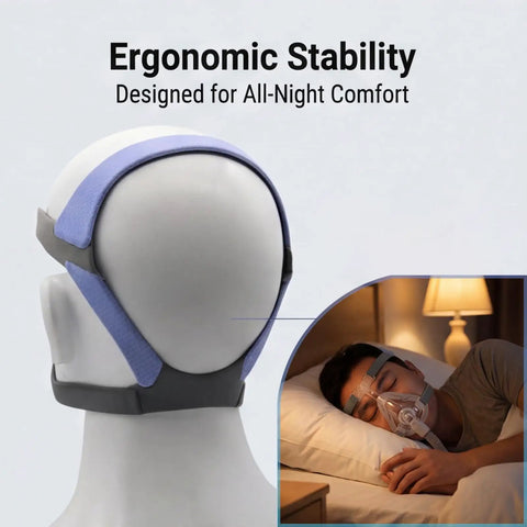 Replacement Elastic Headgear Strap for Nasal Guard CPAP Masks on mannequin and user sleeping with blue headpiece