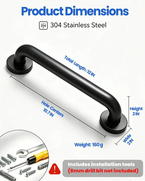Built Like a Tank 12 Inch Black Stainless Steel Shower Grab Bars dimensions, 304 stainless steel, 2-inch height and width.