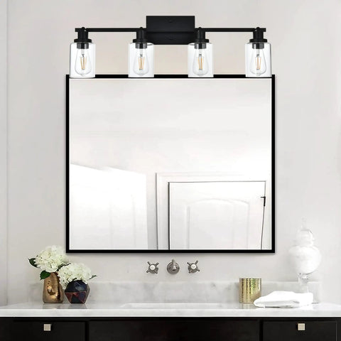 4 Light Track Lighting Kit Matte Black With Pivoting Heads over bathroom mirror, clear glass shade, modern decor