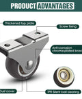 Built Different One Inch Mini Caster Wheels Four Pack showing chrome-plated bracket, thick top plate, and TPR silent ball bearing.