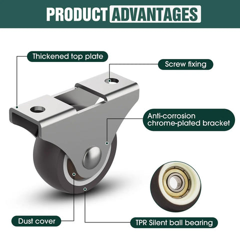 Built Different One Inch Mini Caster Wheels Four Pack showing chrome-plated bracket, thick top plate, and TPR silent ball bearing.