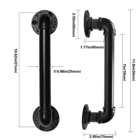 Dimensions of Industrial Pipe Door Pull Handle 12 Inch Black Rustic Grab Bar And Towel Bar Antique Cast Iron Handrail