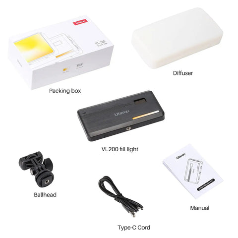 VL200 Bi Color LED Video Light On Camera Fill Light With 200 LEDs 2500K To 9000K CCT Type C Rechargeable 5000mAh Battery components