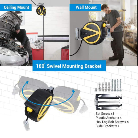 Retractable Cord Reel With Slow Auto Return Heavy Duty 50 Foot 14 3 SJTW Cord Lighted Triple Tap Outlets 13 Amp Circuit Breaker Ceiling Or Wall Mount ETL Listed Keeps Cords Tidy And Tangled Free Kid And Pet Safe No Cap