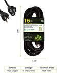 Beefy 15 Foot Outdoor Extension Cord 16/3 SJTW Black Weatherproof Contractor Grade Power Lead Coiled With Label