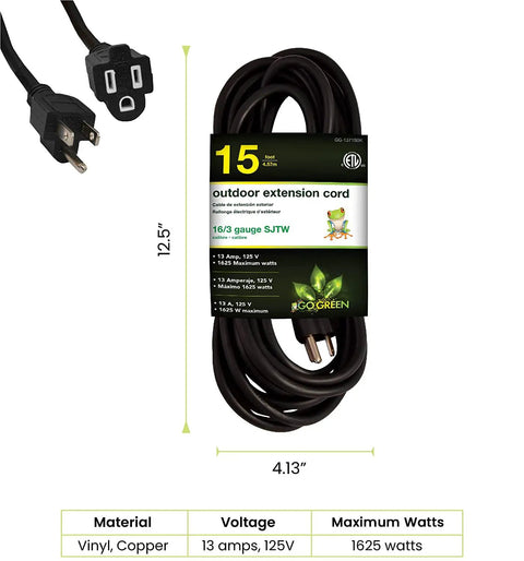 Beefy 15 Foot Outdoor Extension Cord 16/3 SJTW Black Weatherproof Contractor Grade Power Lead Coiled With Label