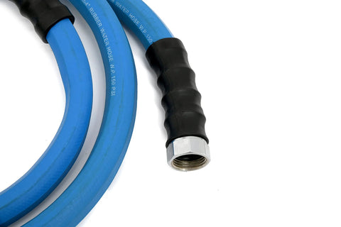 Close-up of blue 3/4-inch rubber garden hose, 6 ft, with metal female connector and black protective grip.