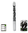 Heavy Duty Compression Spiral Router Bit With 1/4 Inch Shank And Dual Bottom Bearings To Slice Laminate And Plywood Patterns Like Butter For A Straight Shooter Finish next to packaging and label.
