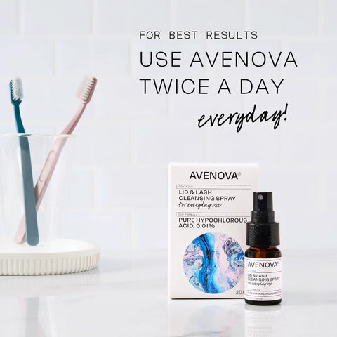 Avenova lid and lash cleansing spray bottle with box, 20 ml, white packaging with black label.