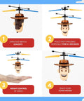 Woody Inspired Toy Story Flying IR UFO Helicopter With Motion Sensing Hover showing operation steps and hand control.