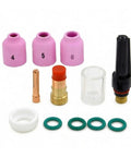Heavy Duty Tig Torch Consumables Kit With Copper Collet Body And Clear Cup For Clean Welds, includes ceramic nozzles and O-rings.
