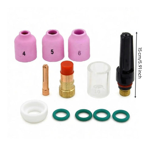Heavy Duty Tig Torch Consumables Kit With Copper Collet Body And Clear Cup For Clean Welds, includes ceramic nozzles and O-rings.