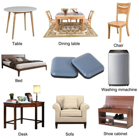 Heavy Duty Teflon Furniture Sliders For Carpet And Hardwood With 20 One Inch Square Sticky Glides on various furniture types.